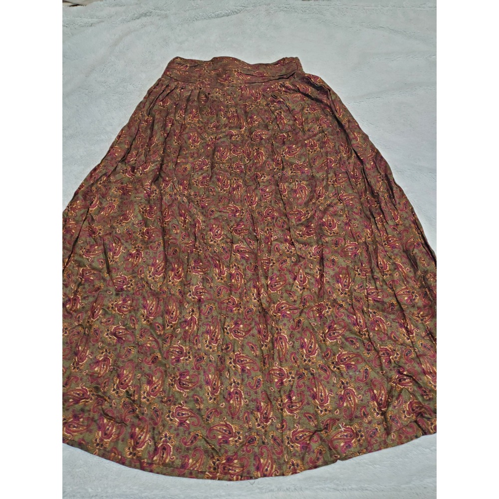 Vintage Studio Green‎ Brown Paisley Bohemian  Midi Skirt Medium Retro Maximalism